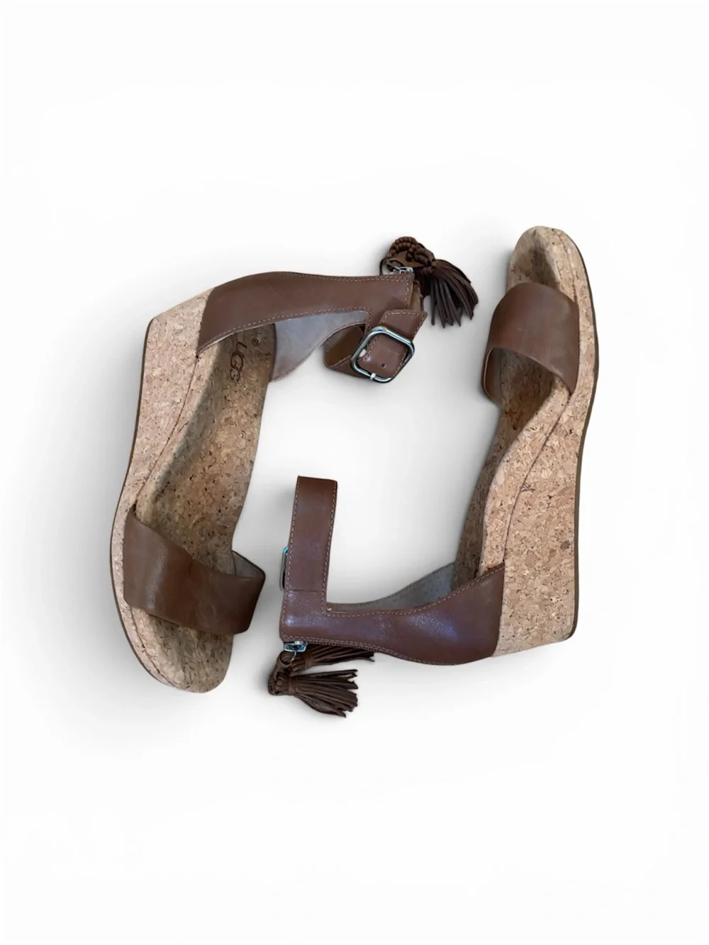 UGG Zoe Cork Brown Leather Cork Wedge Sandals with Tassel - Picture 3 of 6